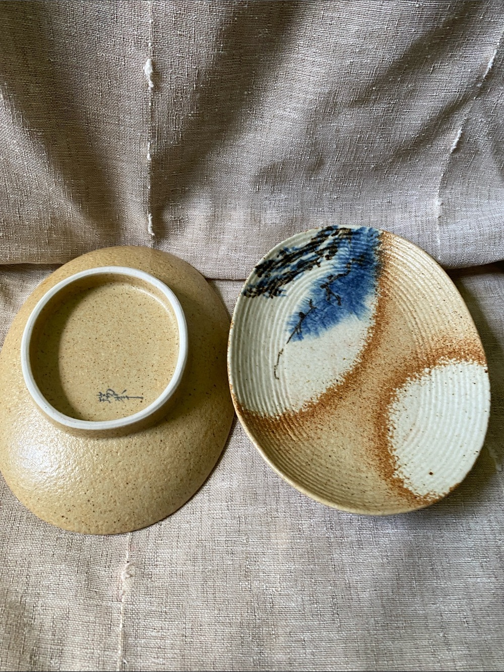 Handcrafted Ceramic Serving Bowl Set in Speckled Cream and Blue